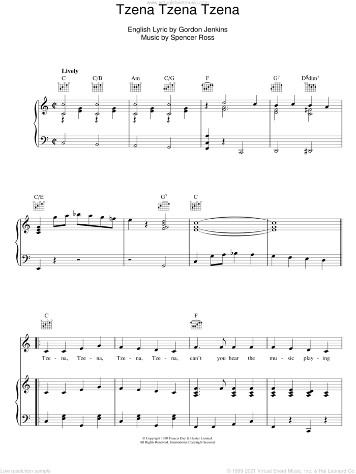 Tzena Tzena Tzena sheet music for voice, piano or guitar by The Weavers, Gordon Jenkins and Spencer Ross, intermediate skill level