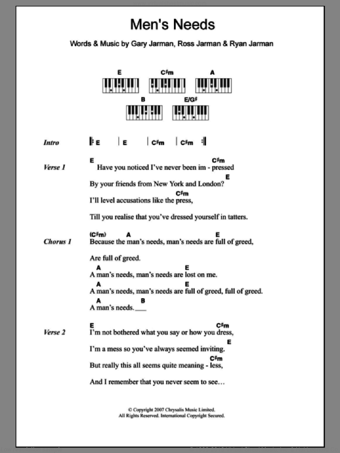 Men's Needs sheet music for piano solo (chords, lyrics, melody) by The Cribs, Gary Jarman, Ross Jarman and Ryan Jarman, intermediate piano (chords, lyrics, melody)