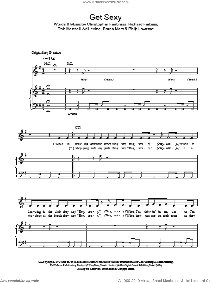 Get Sexy sheet music for voice, piano or guitar by Sugababes, Ari Levine, Bruno Mars, Christopher Fairbrass, Philip Lawrence, Richard Fairbrass and Rob Manzoli, intermediate skill level