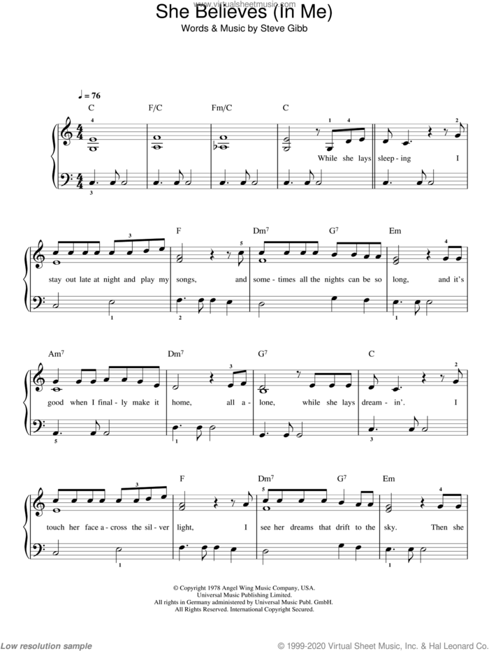 She Believes (in Me) sheet music for piano solo by Ronan Keating and Steve Gibb, easy skill level