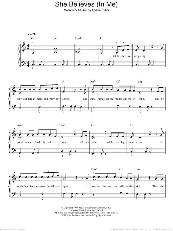 She Believes In Me sheet music for piano solo by Ronan Keating and Steve Gibb, easy skill level