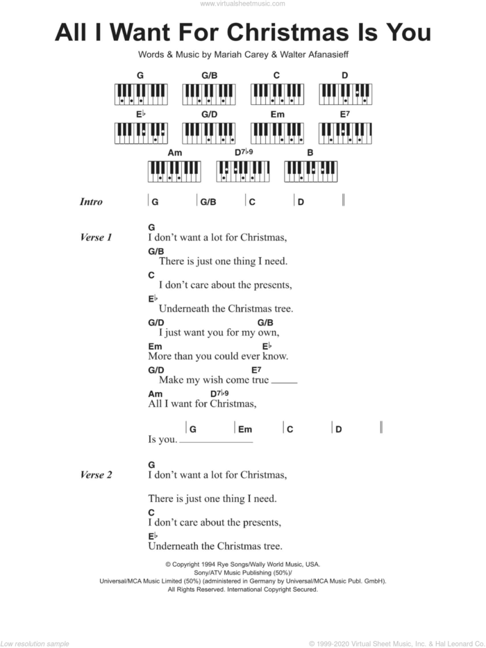All I Want For Christmas Is You sheet music for piano solo (chords, lyrics, melody) by Mariah Carey and Walter Afanasieff, intermediate piano (chords, lyrics, melody)