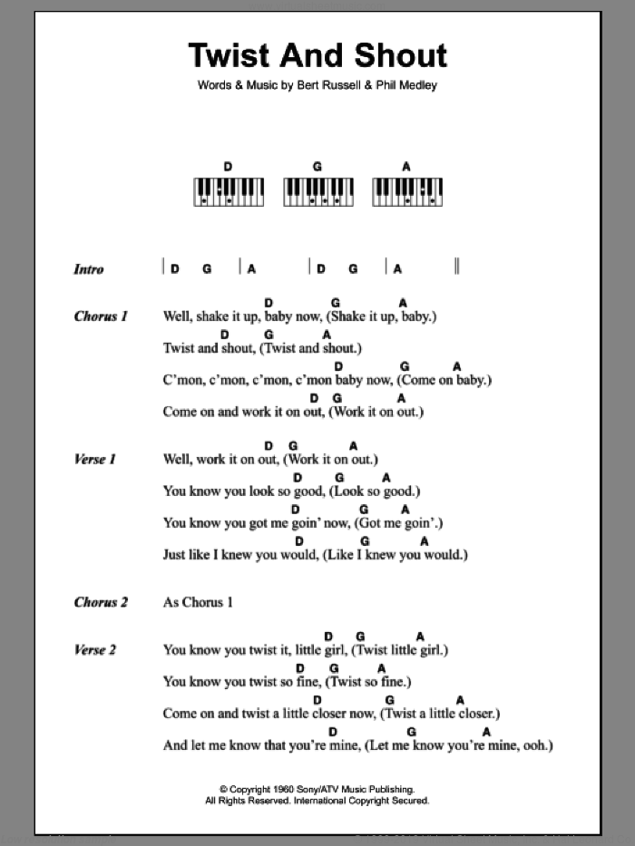 Twist And Shout sheet music for piano solo (chords, lyrics, melody) by The Beatles, Bert Russell and Phil Medley, intermediate piano (chords, lyrics, melody)