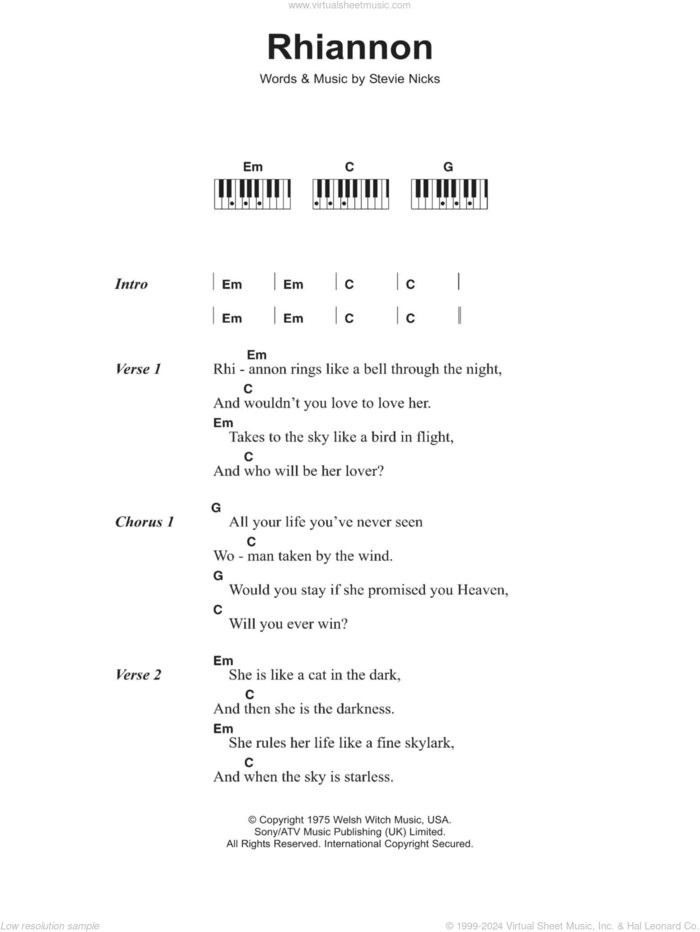 Rhiannon sheet music for piano solo (chords, lyrics, melody) by Fleetwood Mac and Stevie Nicks, intermediate piano (chords, lyrics, melody)