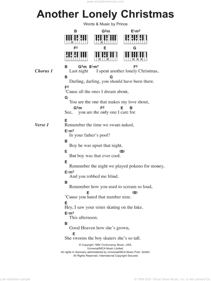 Another Lonely Christmas sheet music for piano solo (chords, lyrics, melody) by Prince, intermediate piano (chords, lyrics, melody)