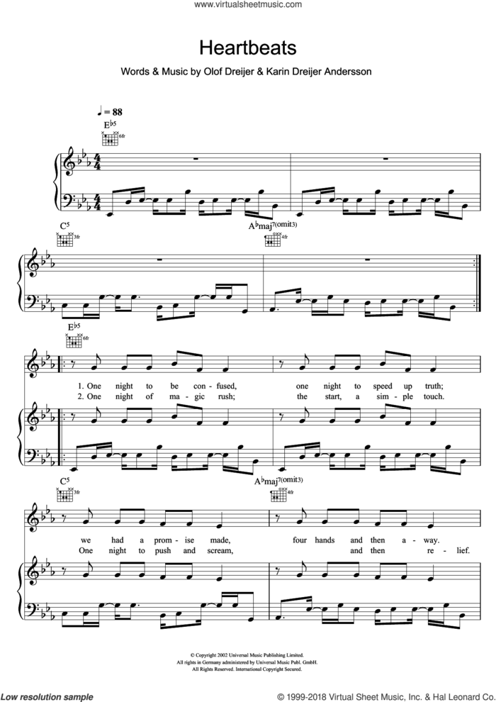 Heartbeats sheet music for voice, piano or guitar by José Gonzalez, Jose Gonzalez, Jose Gonzalez, The Knife, Karin Dreijer Andersson and Olof Bjorn Dreijer, intermediate skill level