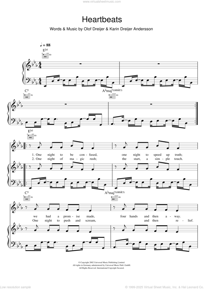 Heartbeats sheet music for voice, piano or guitar by José Gonzalez, Jose Gonzalez, Jose Gonzalez, The Knife, Karin Dreijer Andersson and Olof Bjorn Dreijer, intermediate skill level