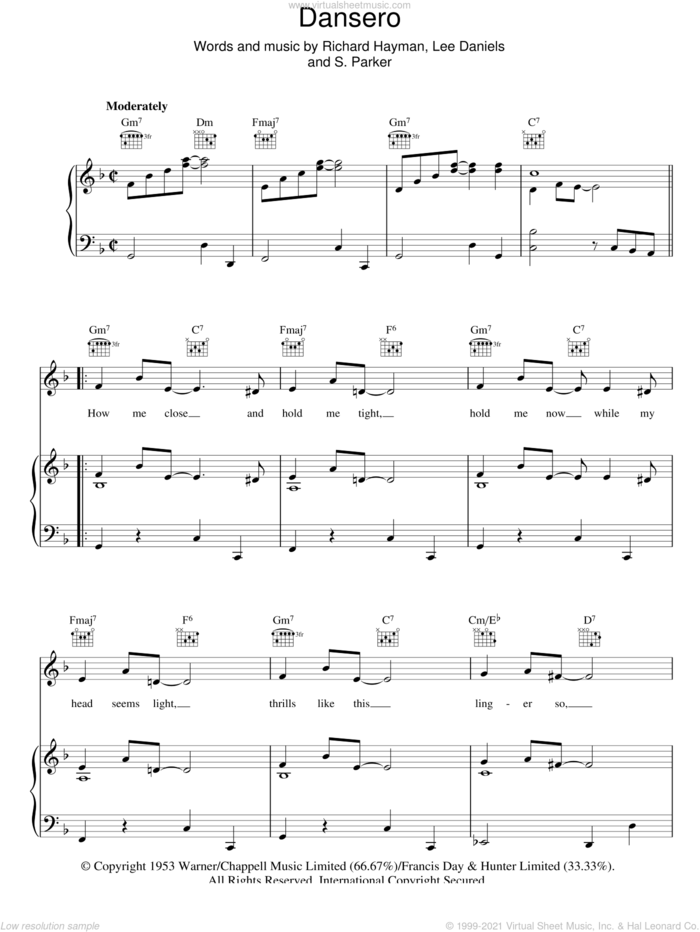 Dansero sheet music for voice, piano or guitar by Richard Hayman and Lee Daniels, intermediate skill level