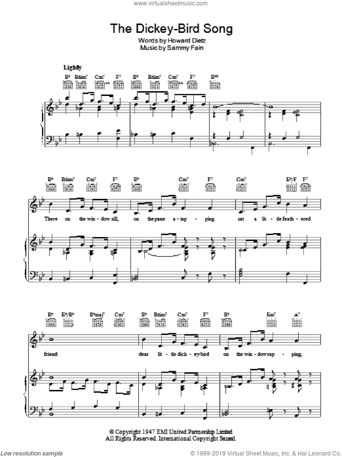 The Dickey-Bird Song sheet music for voice, piano or guitar by Freddie Martin, Howard Dietz and Sammy Fain, intermediate skill level