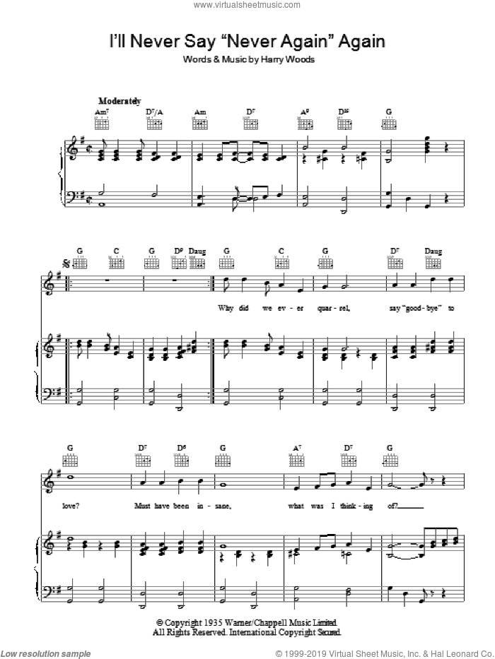 I'll Never Say 'Never Again' Again sheet music for voice, piano or guitar by Harry Woods, intermediate skill level