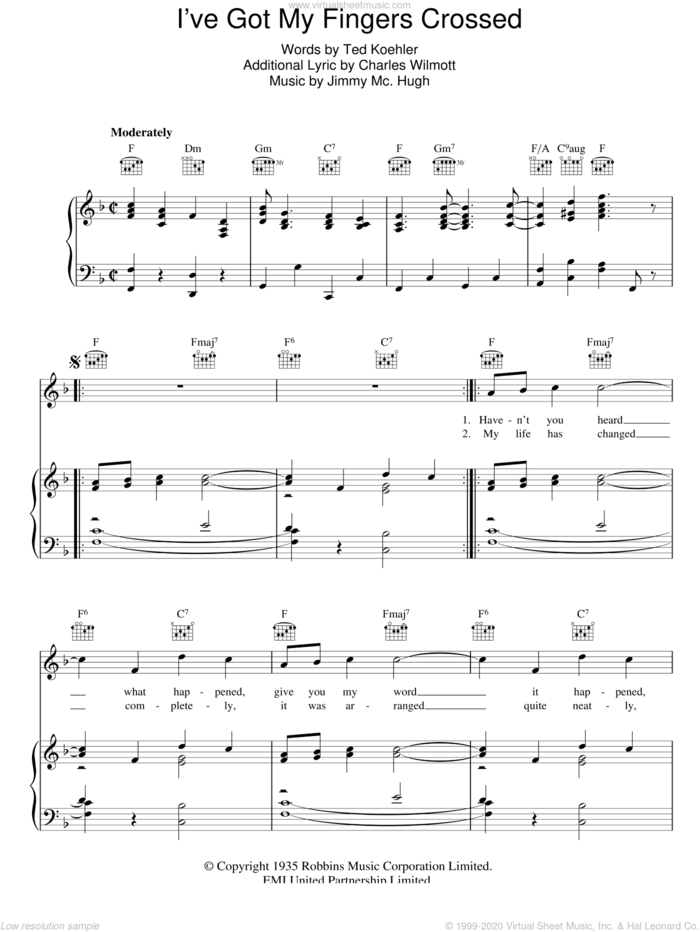 I've Got My Fingers Crossed sheet music for voice, piano or guitar by Jimmy McHugh and Ted Koehler, intermediate skill level