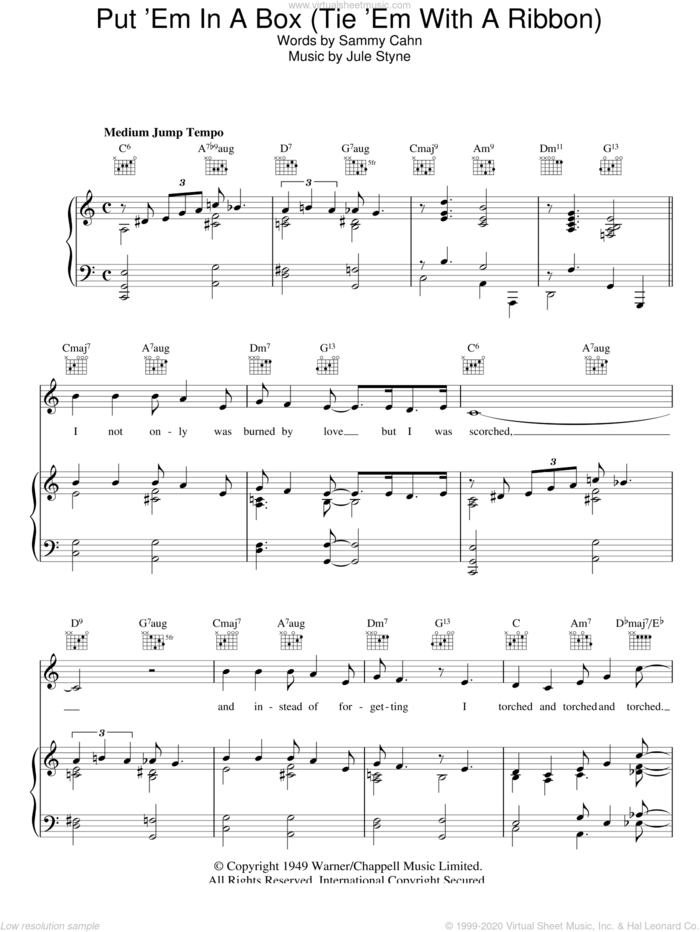 Put 'Em In A Box (Tie 'Em With A Ribbon) sheet music for voice, piano or guitar by Doris Day, Jule Styne and Sammy Cahn, intermediate skill level