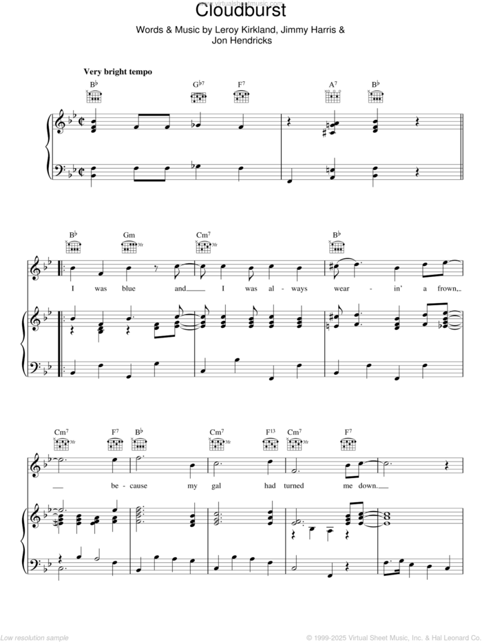 Cloudburst sheet music for voice, piano or guitar by Jon Hendricks, Jimmy Harris and Leroy Kirkland, intermediate skill level