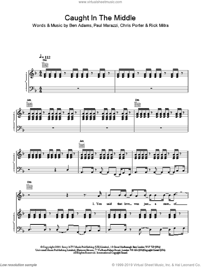 Caught In The Middle sheet music for voice, piano or guitar by Ben Adams, A1, Chris Porter and Paul Marazzi, intermediate skill level