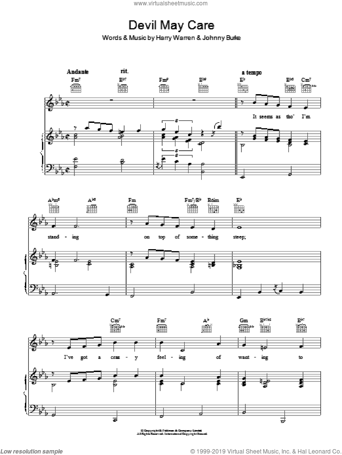 Devil May Care sheet music for voice, piano or guitar by Harry Warren and John Burke, intermediate skill level