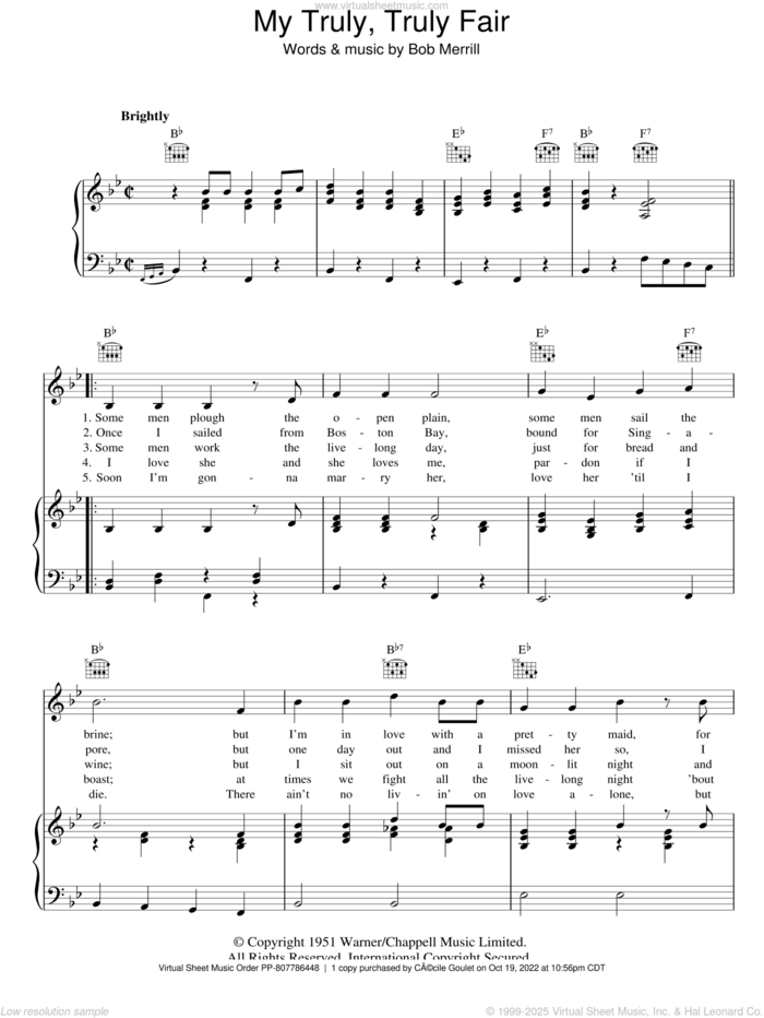 My Truly, Truly Fair sheet music for voice, piano or guitar by Bob Merrill, intermediate skill level