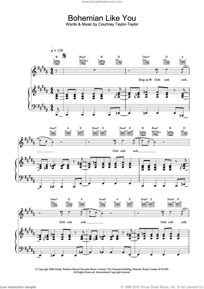 Bohemian Like You sheet music for voice, piano or guitar by The Dandy Warhols and Courtney Taylor-Taylor, intermediate skill level