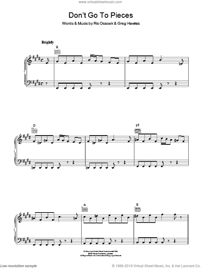 Don't Go To Pieces sheet music for voice, piano or guitar by The Cars, Gregory Hawkes and Ric Ocasek, intermediate skill level