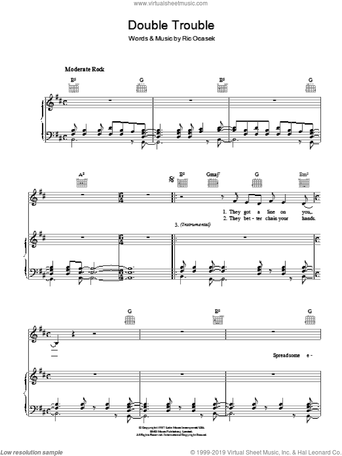 Double Trouble sheet music for voice, piano or guitar by The Cars and Ric Ocasek, intermediate skill level