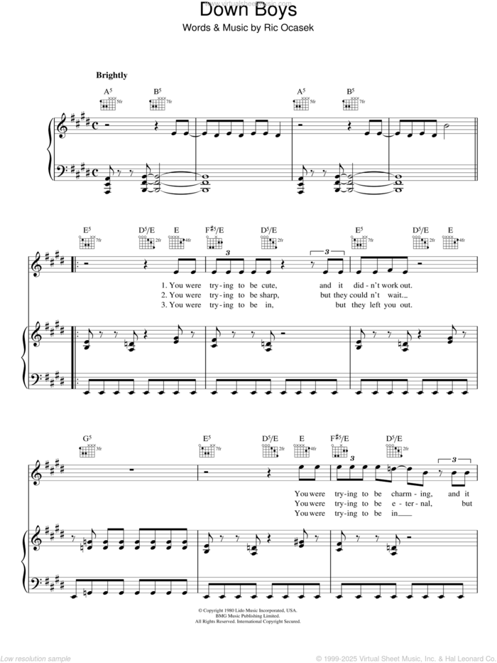 Down Boys sheet music for voice, piano or guitar by The Cars and Ric Ocasek, intermediate skill level