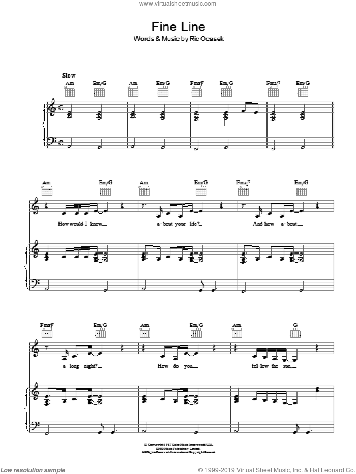 Fine Line sheet music for voice, piano or guitar by The Cars and Ric Ocasek, intermediate skill level