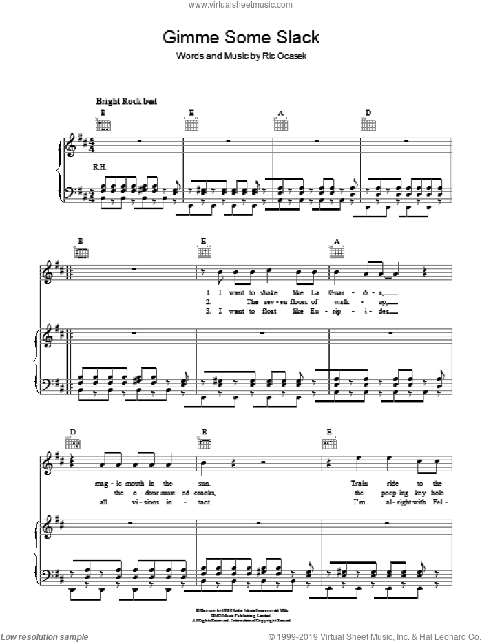 Gimme Some Slack sheet music for voice, piano or guitar by The Cars and Ric Ocasek, intermediate skill level