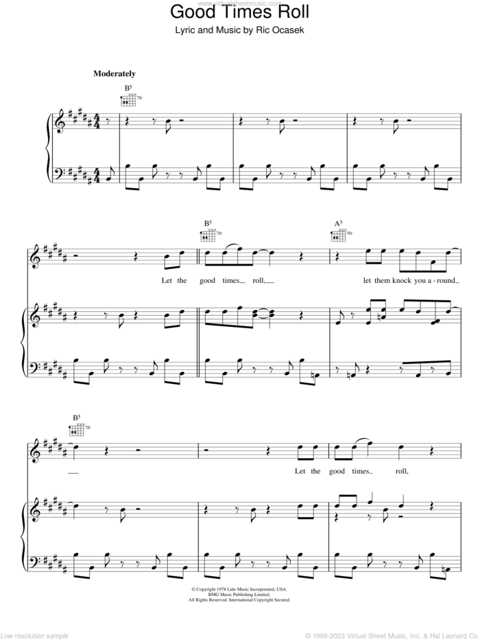 Good Times Roll sheet music for voice, piano or guitar by The Cars and Ric Ocasek, intermediate skill level
