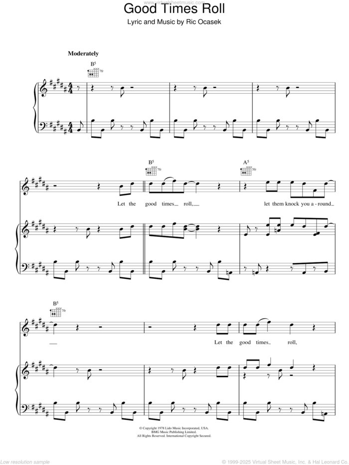 Good Times Roll sheet music for voice, piano or guitar by The Cars and Ric Ocasek, intermediate skill level