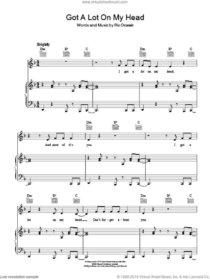 Got A Lot On My Head sheet music for voice, piano or guitar by The Cars and Ric Ocasek, intermediate skill level