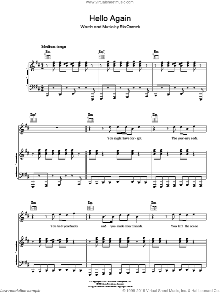 Hello Again sheet music for voice, piano or guitar by The Cars and Ric Ocasek, intermediate skill level