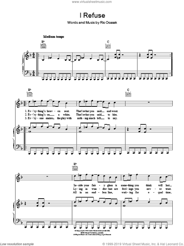 I Refuse sheet music for voice, piano or guitar by The Cars and Ric Ocasek, intermediate skill level