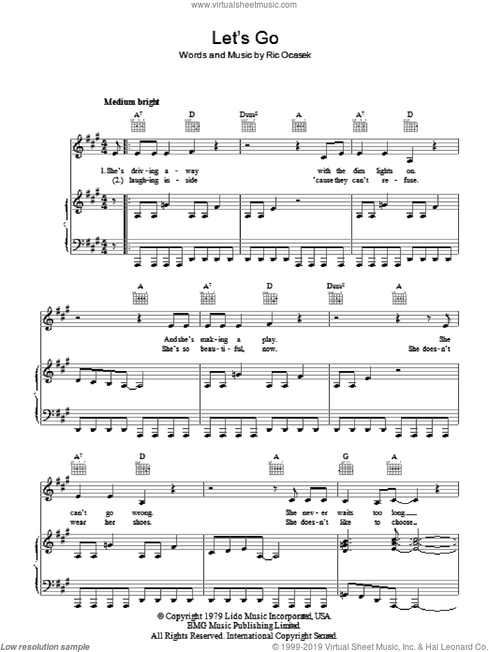 Let's Go sheet music for voice, piano or guitar by The Cars and Ric Ocasek, intermediate skill level