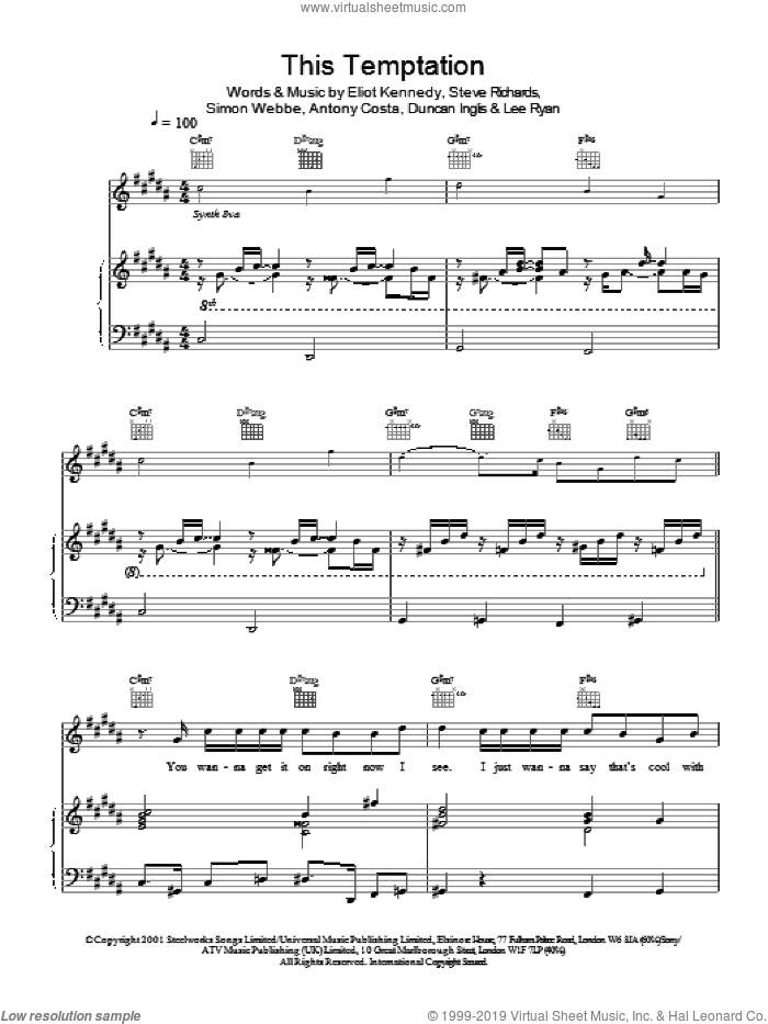 This Temptation sheet music for voice, piano or guitar by Eliot Kennedy, Miscellaneous, Simon Webbe and Steve Richards, intermediate skill level