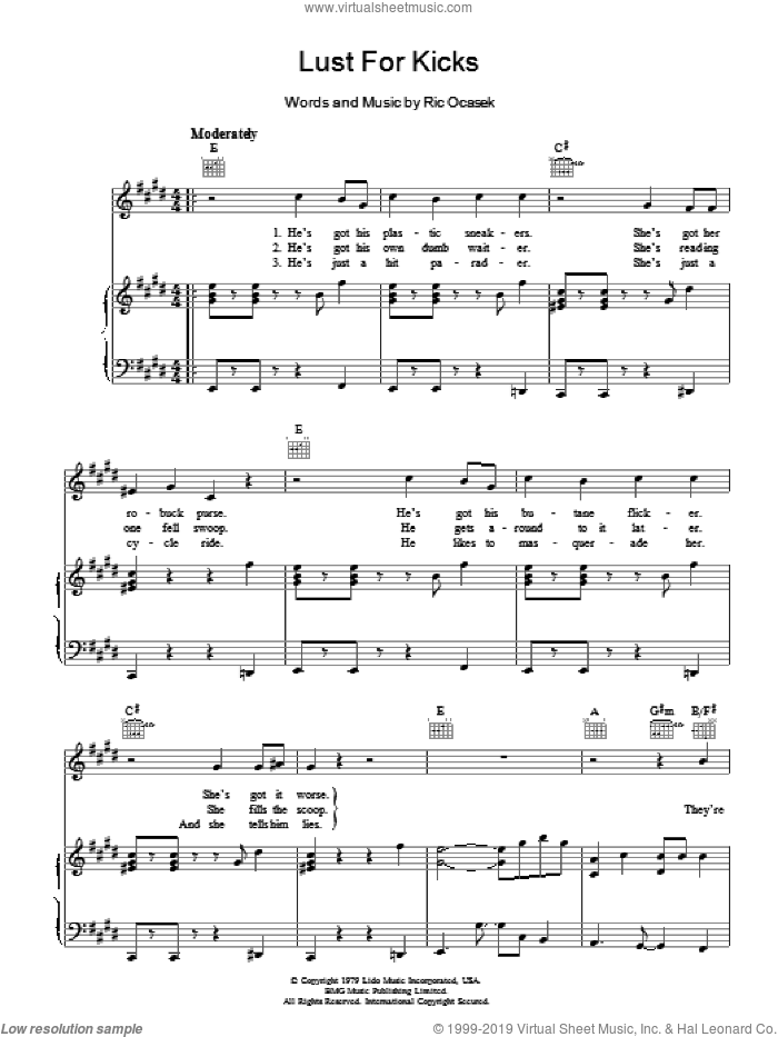 Lust For Kicks sheet music for voice, piano or guitar by The Cars and Ric Ocasek, intermediate skill level