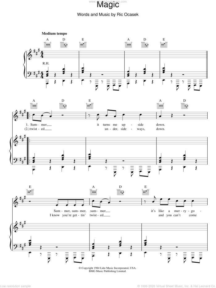 Magic sheet music for voice, piano or guitar by The Cars and Ric Ocasek, intermediate skill level