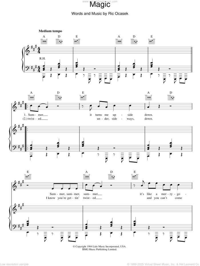 Magic sheet music for voice, piano or guitar by The Cars and Ric Ocasek, intermediate skill level