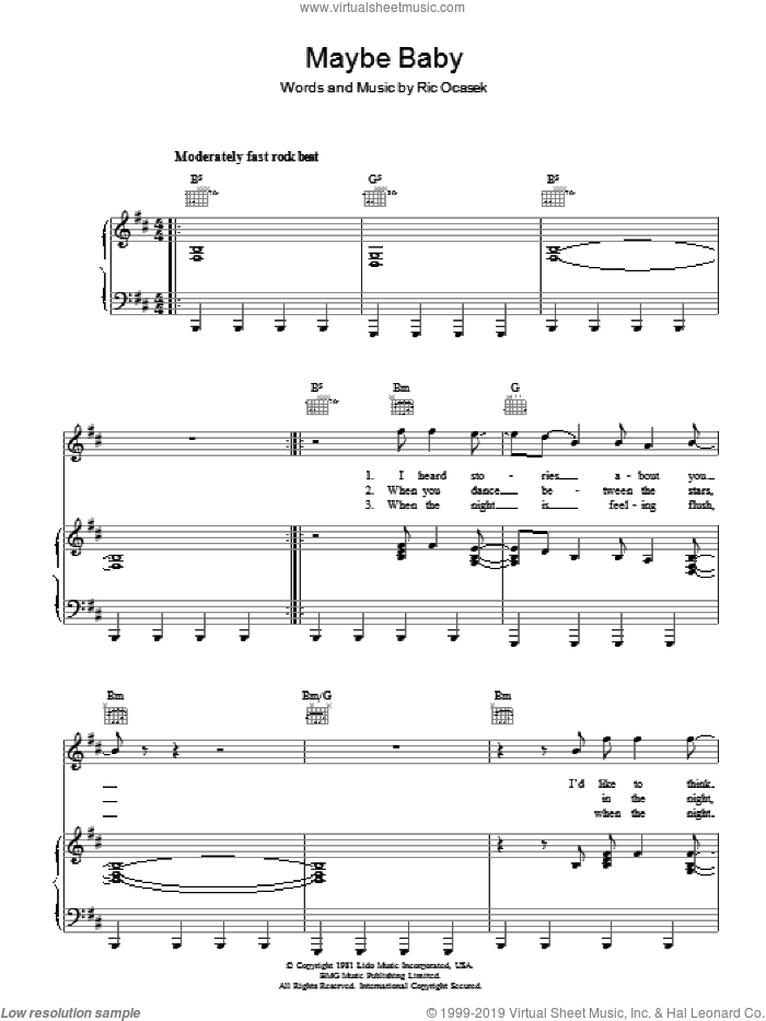 Maybe Baby sheet music for voice, piano or guitar by The Cars and Ric Ocasek, intermediate skill level