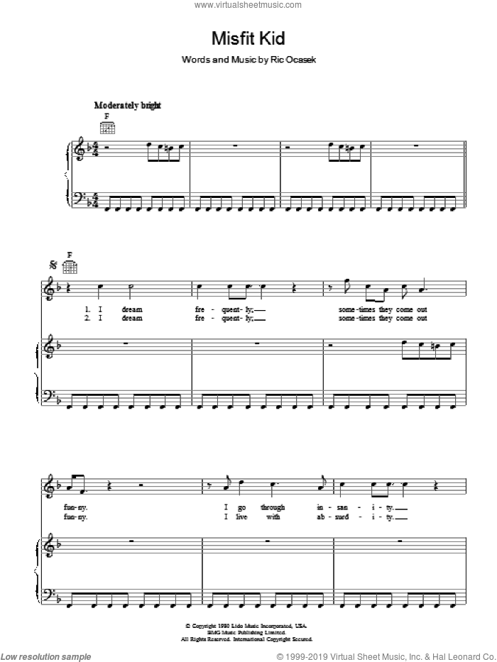 Misfit Kid sheet music for voice, piano or guitar by The Cars and Ric Ocasek, intermediate skill level