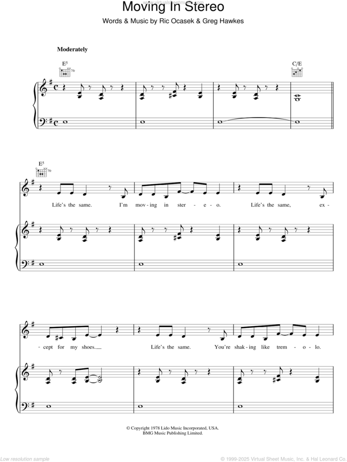 Moving In Stereo sheet music for voice, piano or guitar by The Cars, Gregory Hawkes and Ric Ocasek, intermediate skill level