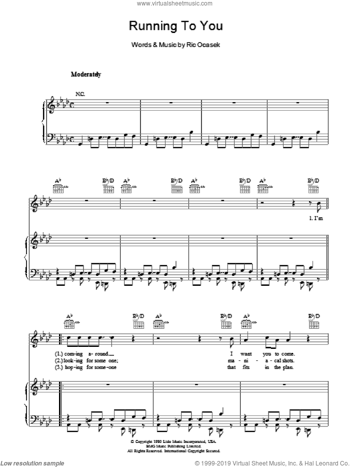 Running To You sheet music for voice, piano or guitar by The Cars and Ric Ocasek, intermediate skill level