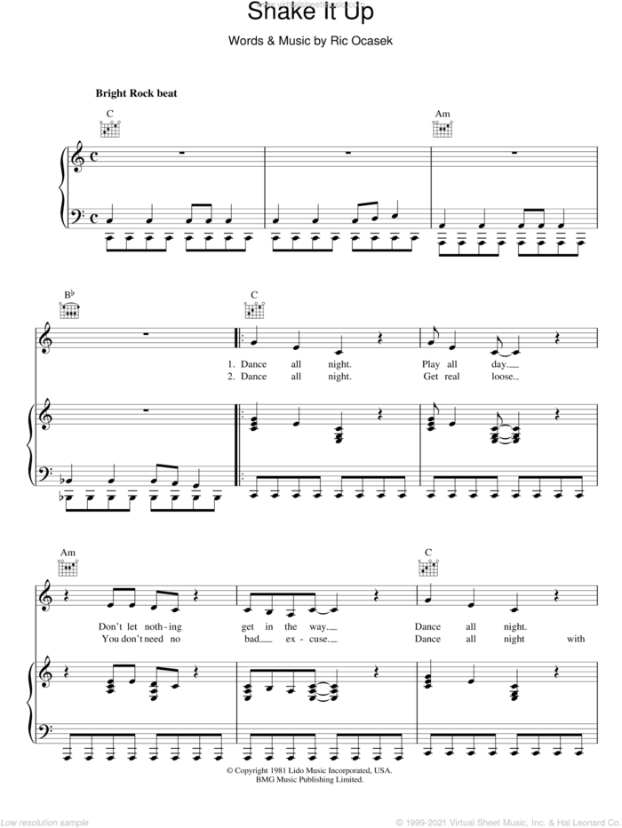 Shake It Up sheet music for voice, piano or guitar by The Cars and Ric Ocasek, intermediate skill level