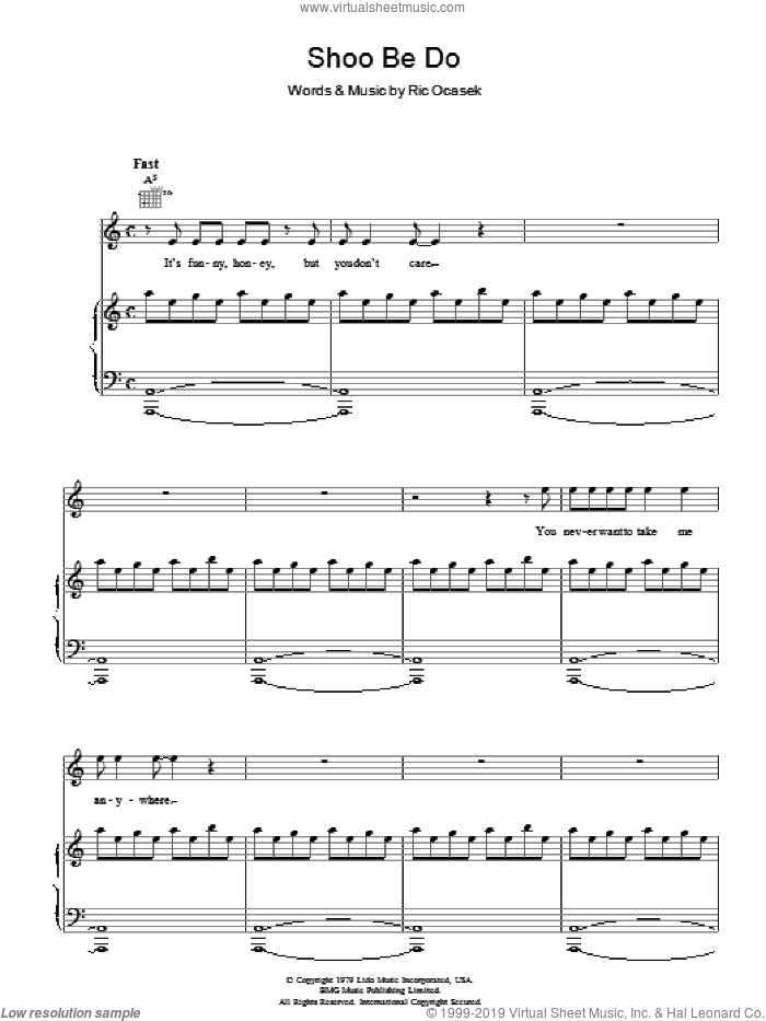 Shoo Be Do sheet music for voice, piano or guitar by The Cars and Ric Ocasek, intermediate skill level