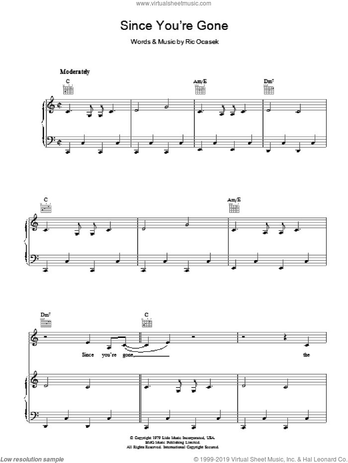 Since You're Gone sheet music for voice, piano or guitar by The Cars and Ric Ocasek, intermediate skill level