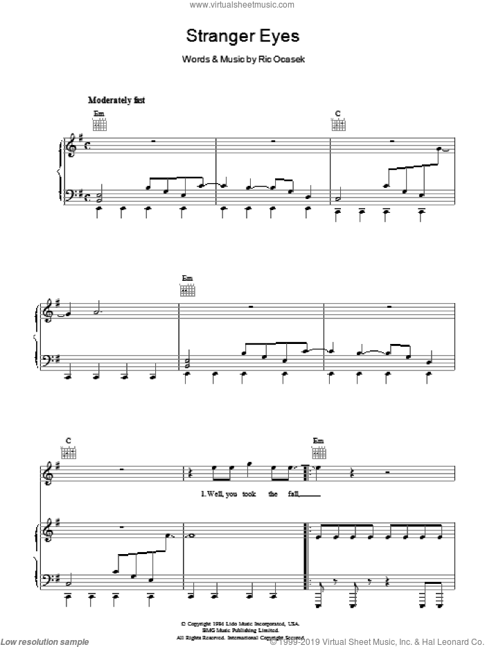 Stranger Eyes sheet music for voice, piano or guitar by The Cars and Ric Ocasek, intermediate skill level