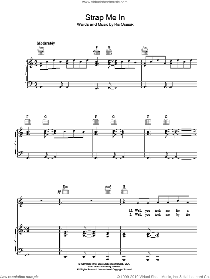 Strap Me In sheet music for voice, piano or guitar by The Cars and Ric Ocasek, intermediate skill level