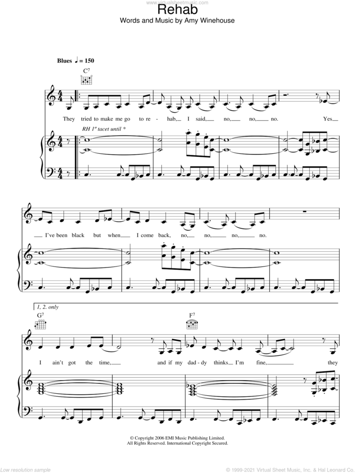 Rehab sheet music for voice, piano or guitar by Amy Winehouse, intermediate skill level