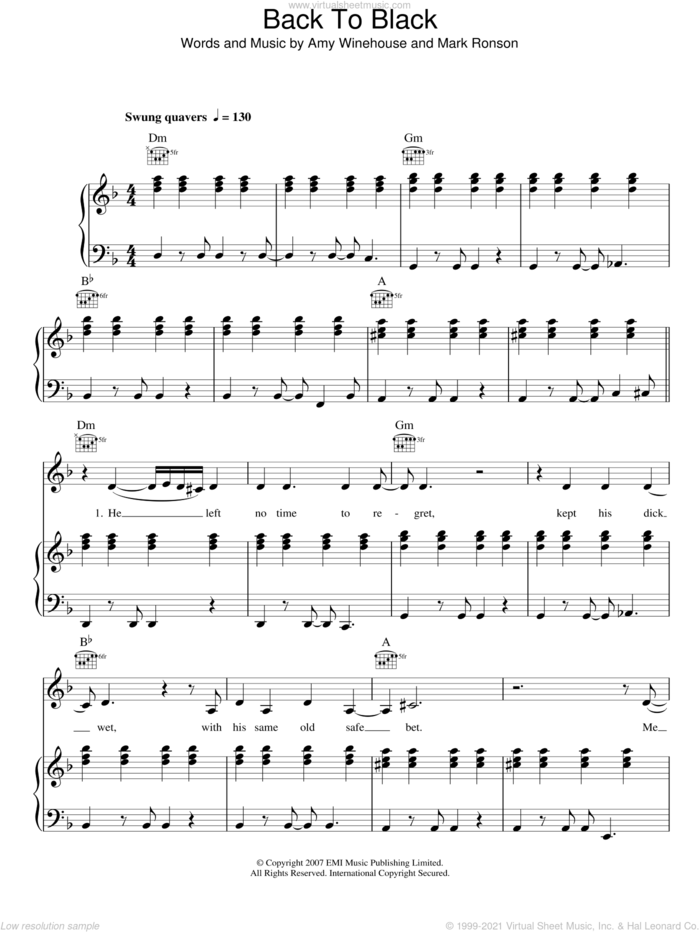 Back To Black sheet music for voice, piano or guitar by Amy Winehouse and Mark Ronson, intermediate skill level