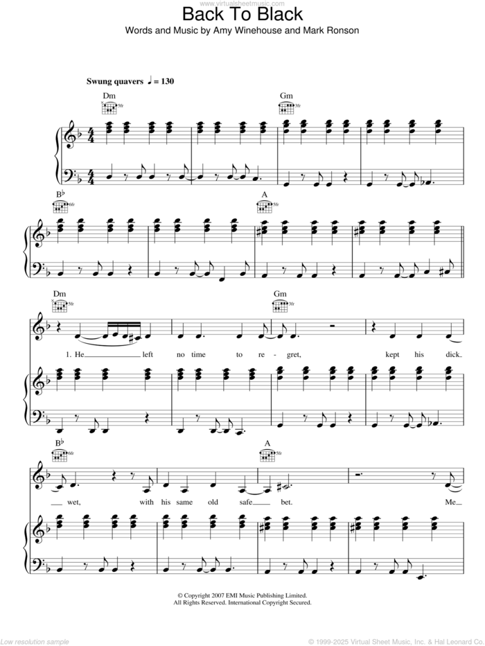 Back To Black sheet music for voice, piano or guitar by Amy Winehouse and Mark Ronson, intermediate skill level