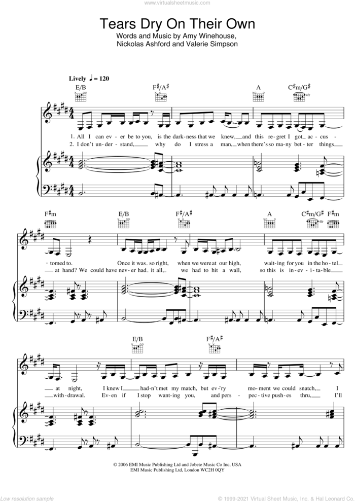Tears Dry On Their Own sheet music for voice, piano or guitar by Amy Winehouse, Nickolas Ashford and Valerie Simpson, intermediate skill level