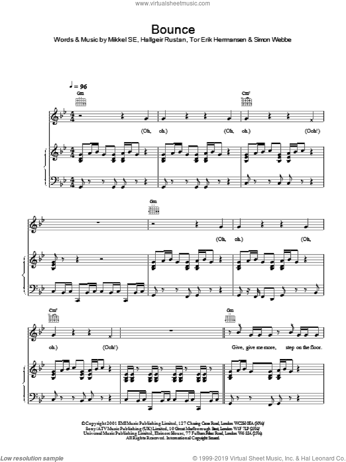 Bounce sheet music for voice, piano or guitar , Hallgeir Rustan and Mikkel SE, intermediate skill level